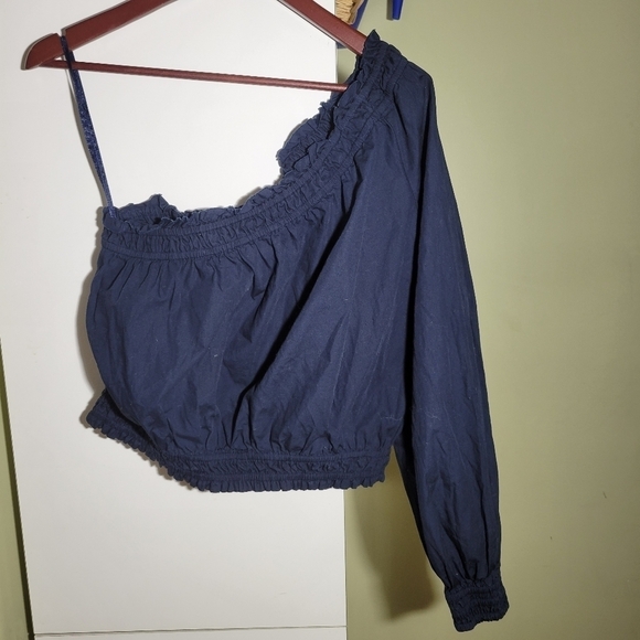 ❤️ 3 for $35 FREE People one Shoulder crop ruffle blouse top shirt blue small - Picture 4 of 7